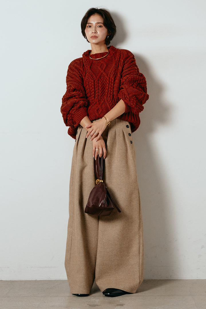 [SET]アラン柄ミックスケーブルニット+サイドボタンツイードタックパンツ(2set)