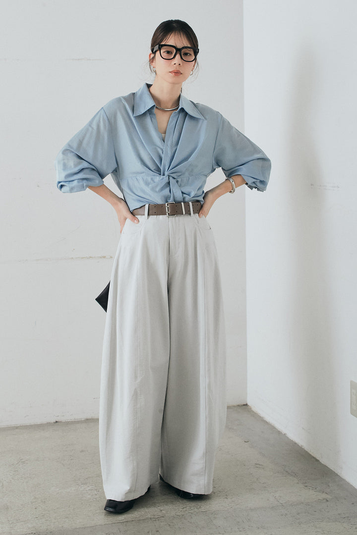 [SET]裾巻きツイストデザインシャツ+ベルト付きサイドタックワイドパンツ(2set)