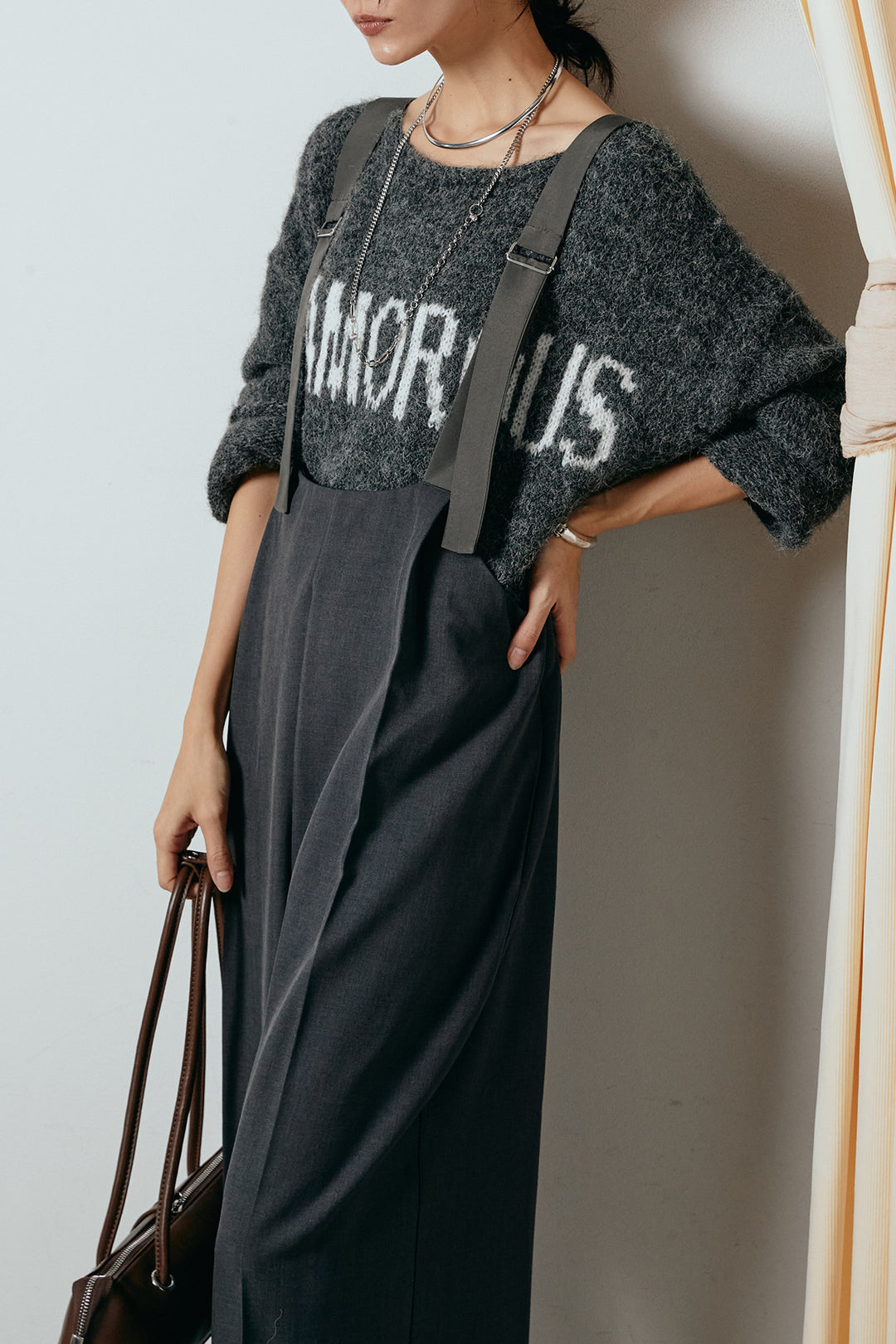 [SET]フロントロゴデザインニットトップス+ワイドツイルサロペット(2set)