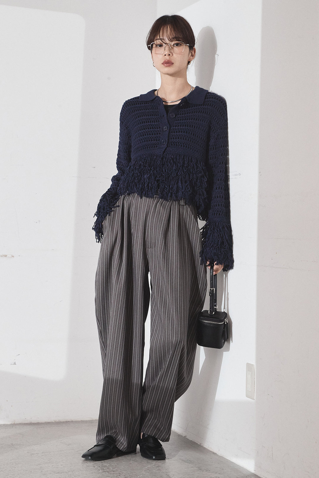 [SET]メッシュフリンジカーディガン+ヘリンボーンストライプツータックパンツ(2set)