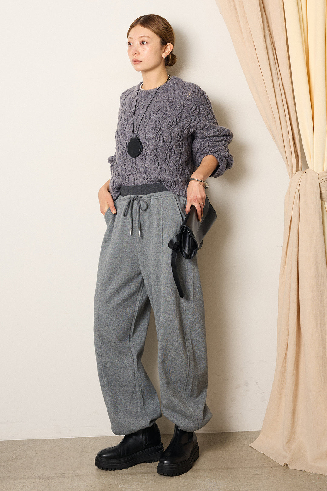 [SET]ケーブルリラックスショートニット+スウェットワイドカーブパンツ(2set)