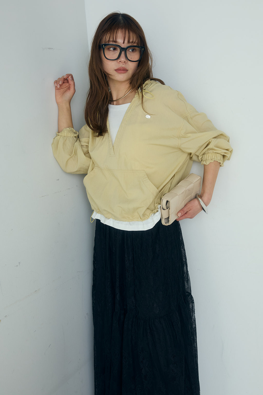 [SET]レイヤードデザインフーディートップス+ひげレース切替ロング丈スカート(2set)