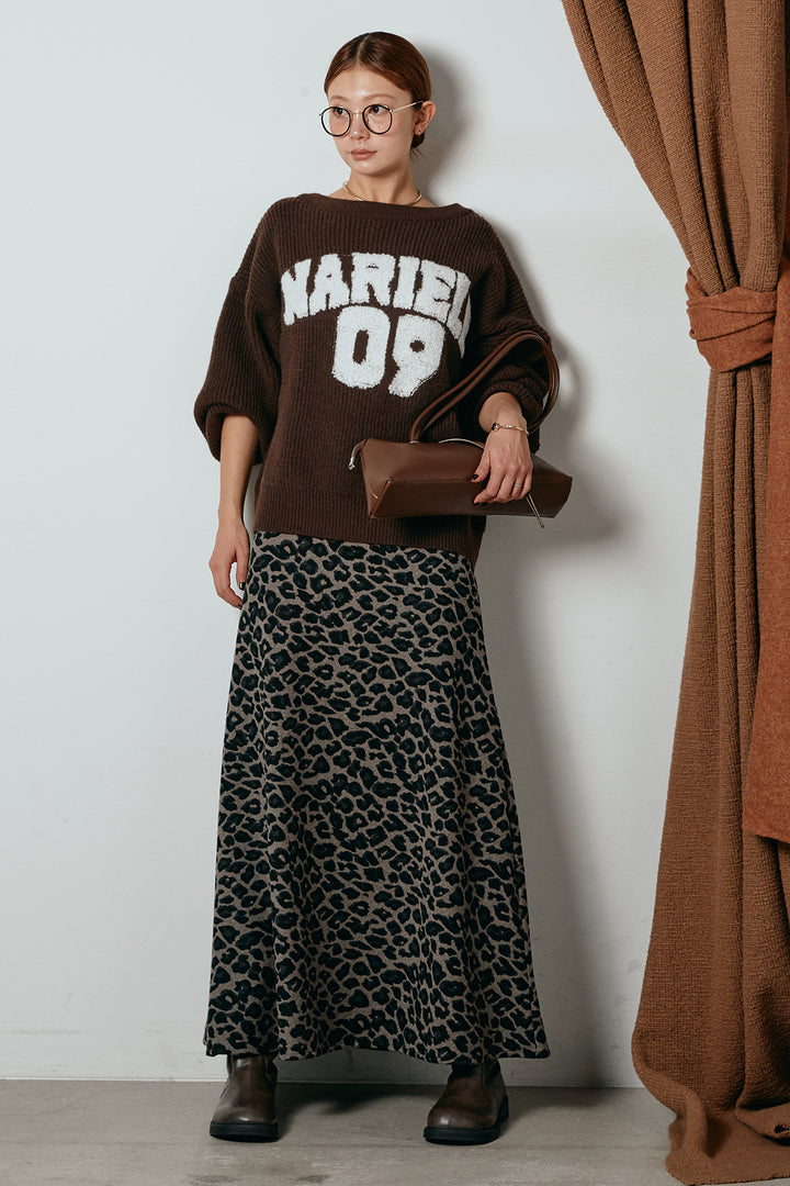[SET]ロゴジャガードニットトップス+レオパードロングスカート(2set)