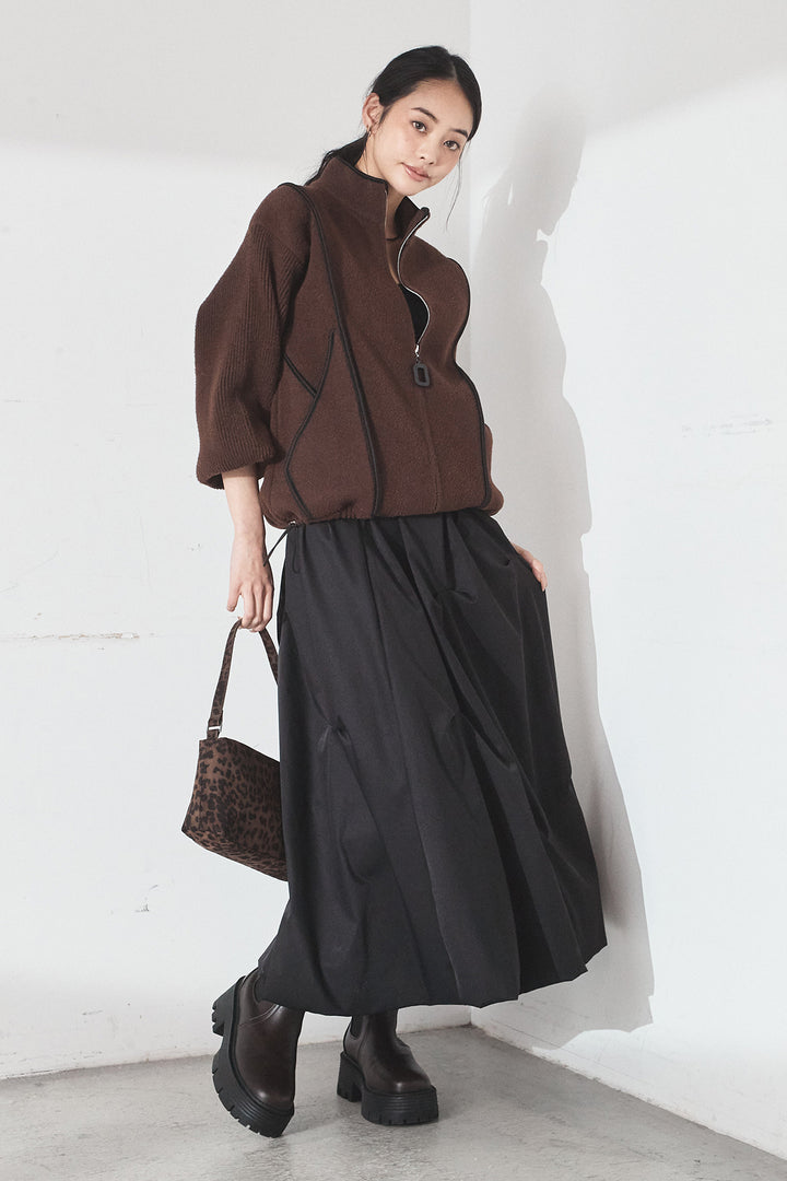 [SET]ハイネックパイピングデザインブルゾン+ランダムタックバルーンスカート(2set)