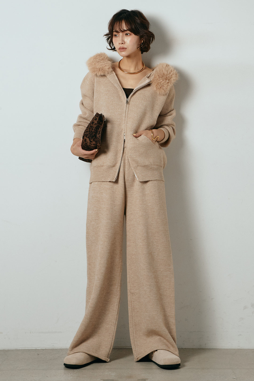 【着回しセット】[SET]ファー付きフーディーニットSETUP+ストライプドッキングニットポロSETUP(2set)