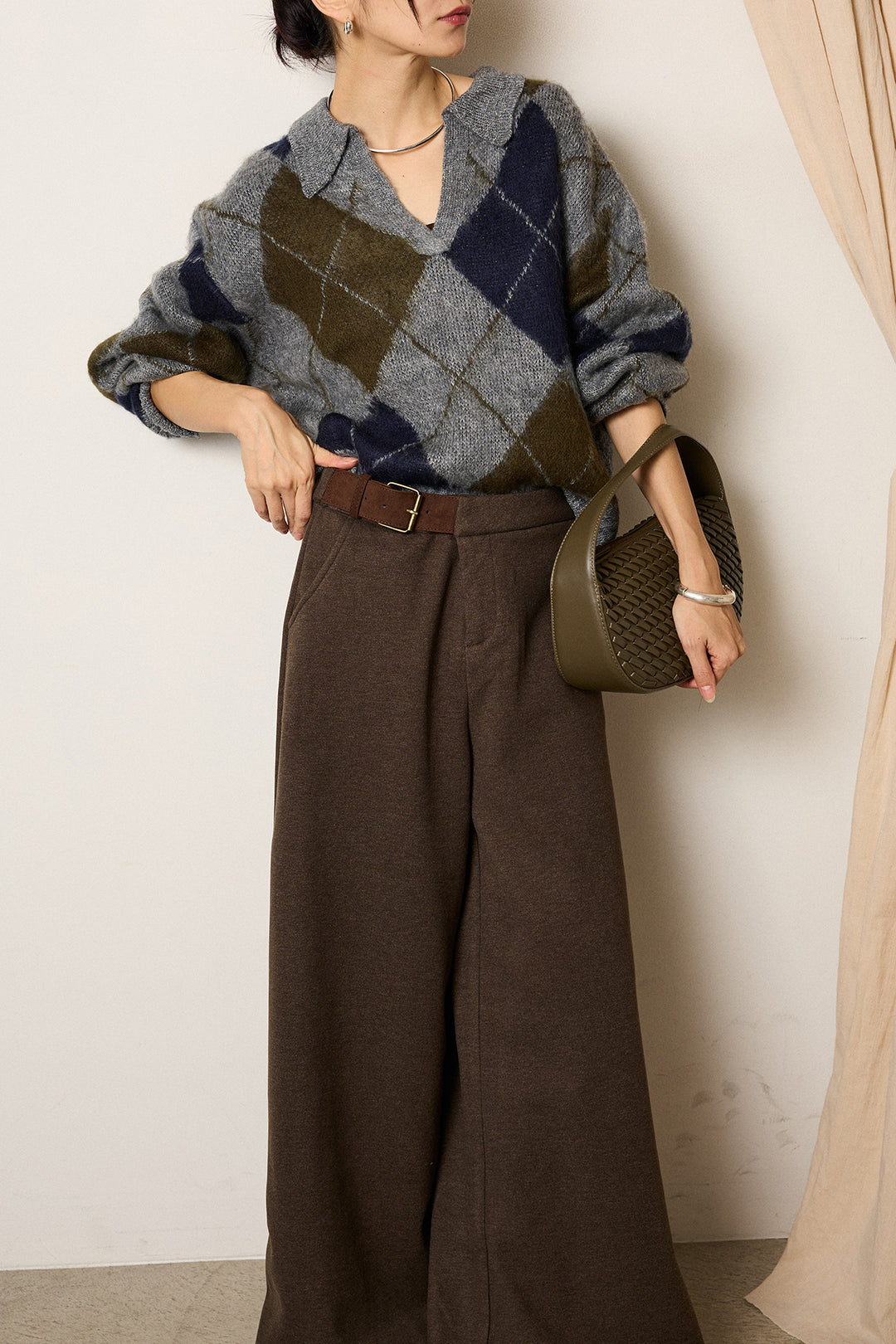 [SET]アクリルモヘアアーガイルキーネックプルオーバー+サイドベルトパンツ(2set)