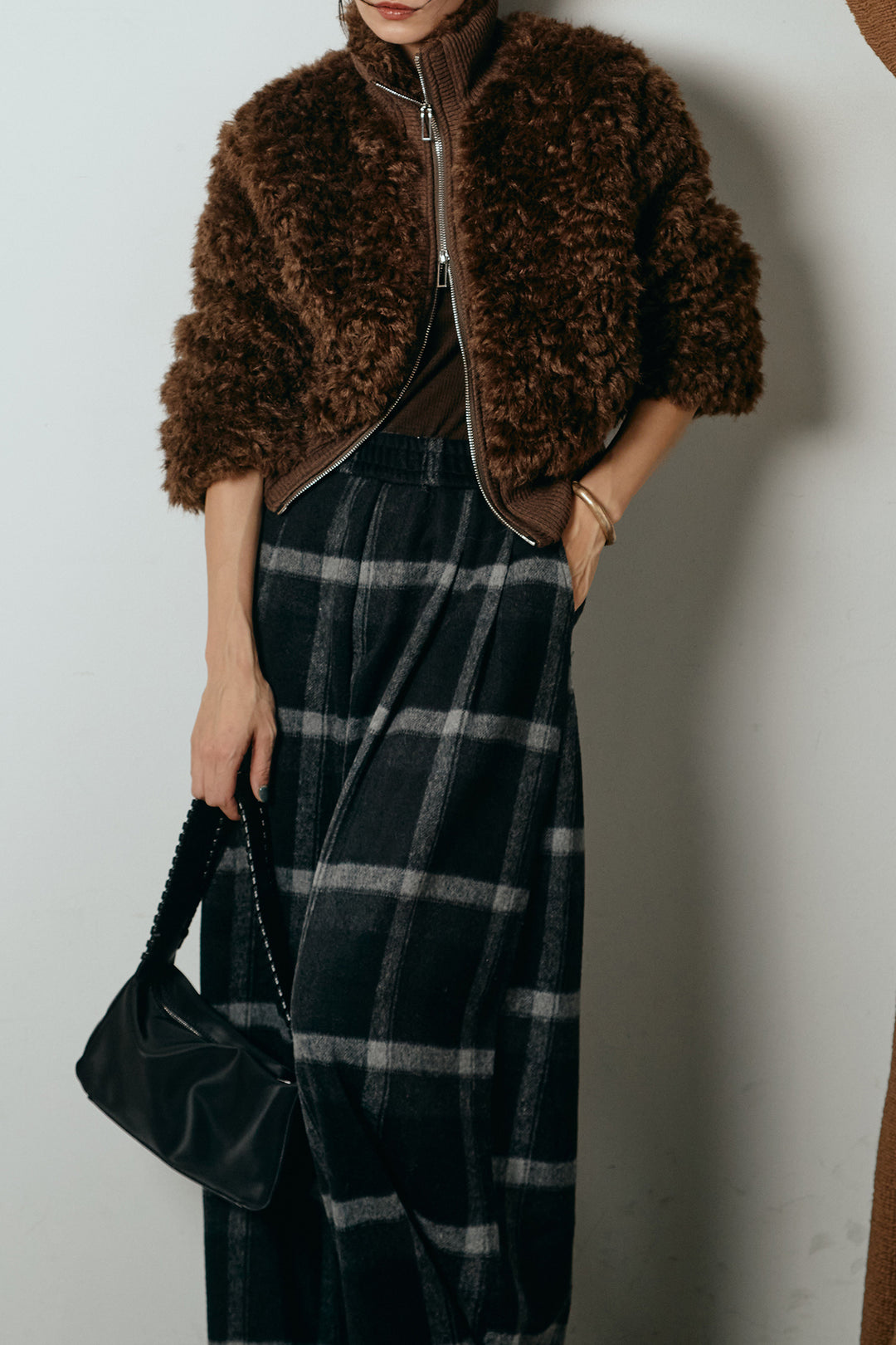 [SET]ハイネックショート丈ボアジップブルゾン+起毛タータンチェック柄ワイドパンツ(2set)