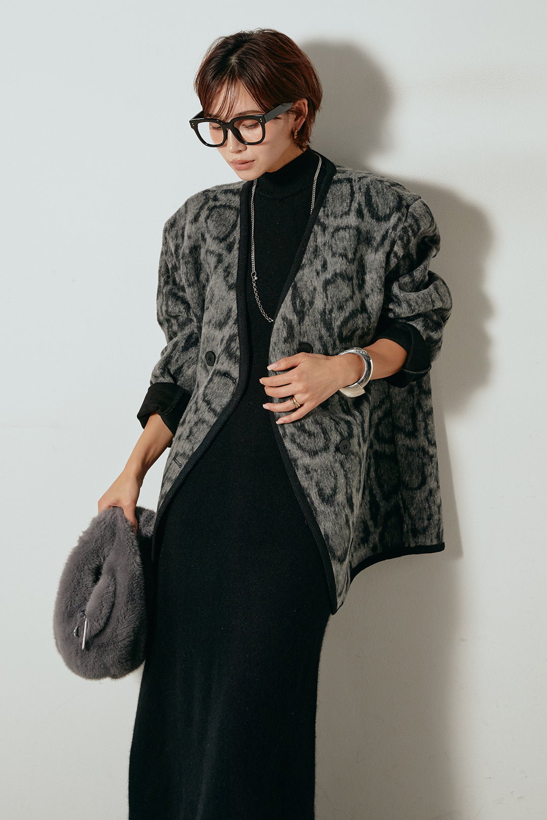 [SET]ノーカラーレオパード柄アウター+ノースリーブニットロングワンピース(2set)