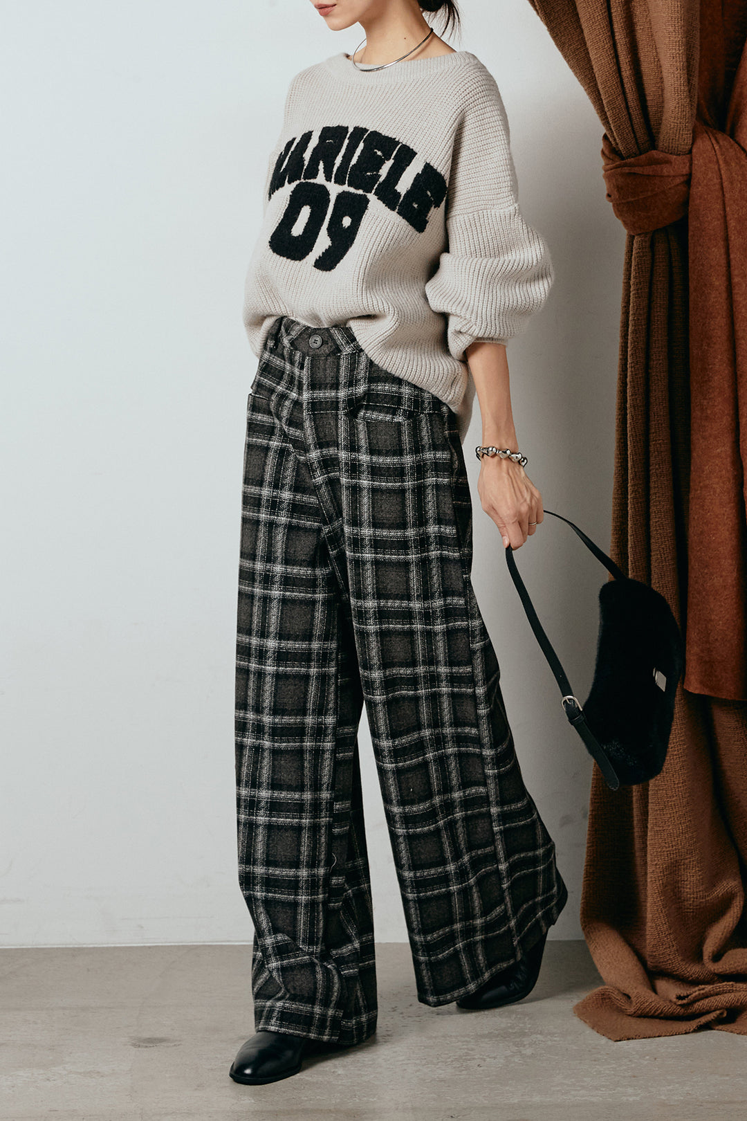 [SET]ロゴジャガードニットトップス+ルーズタータンチェックワイドパンツ(2set)