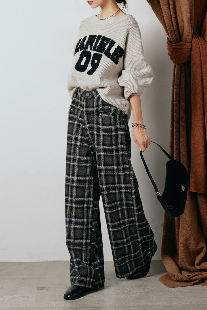 [SET]ロゴジャガードニットトップス+ルーズタータンチェックワイドパンツ(2set)