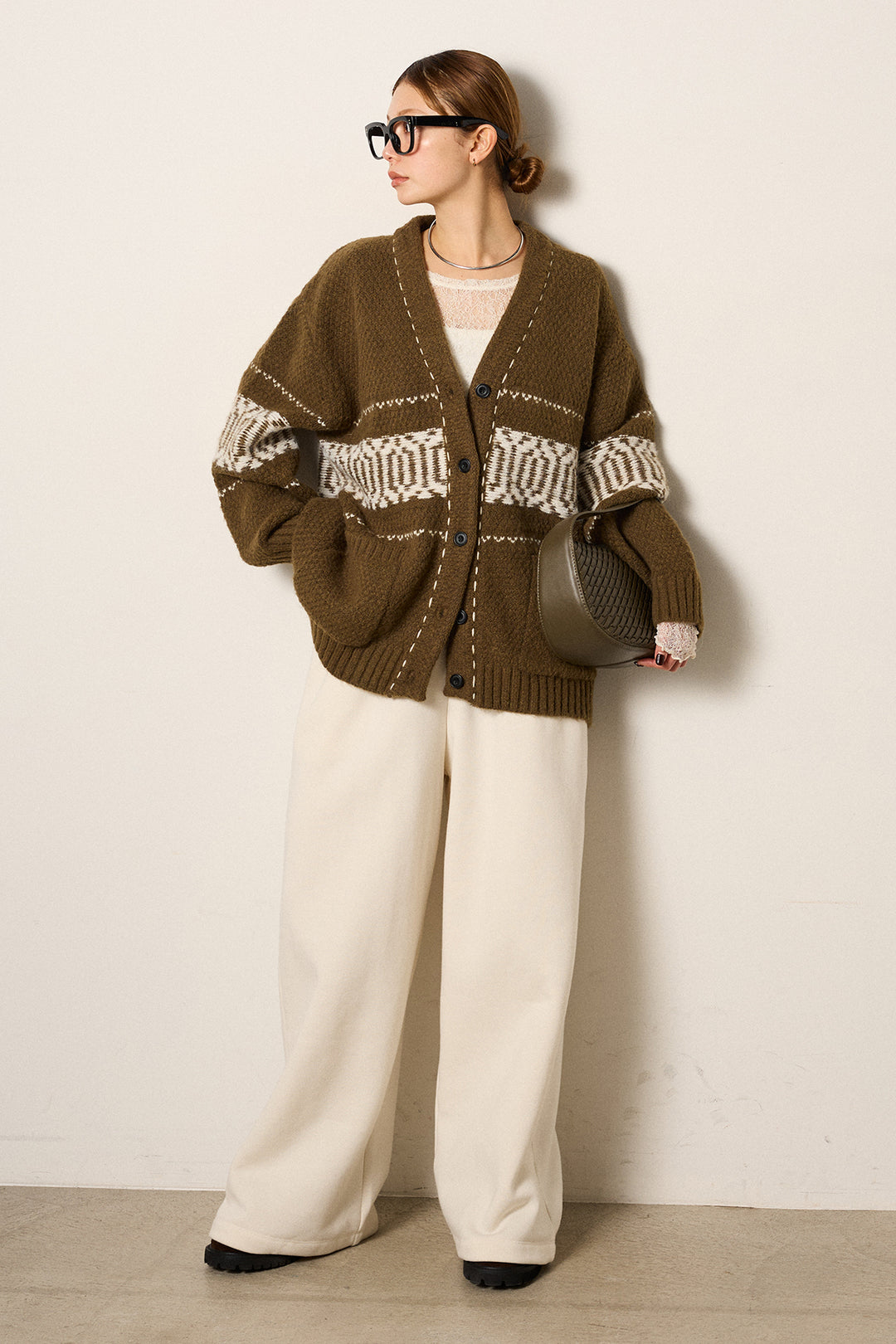 [SET]ライン柄ステッチニットカーディガン+2WAY袖コード刺繍クルーネックプルオーバー+裏起毛スウェットワイドパンツ(3set)