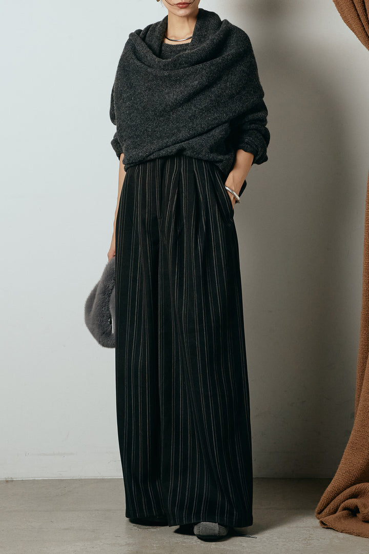 [SET]ネック巻きデザインニットトップス+タック入りマルチストライプ柄ワイドパンツ(2set)