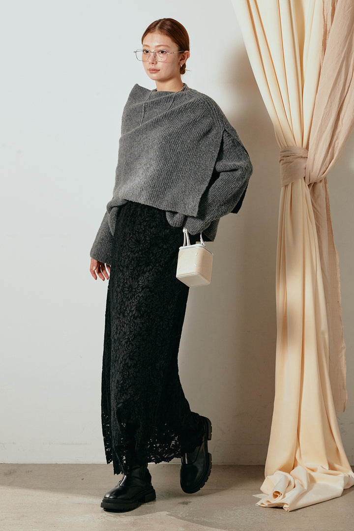 [SET]ケープデザインリブニットトップス+花柄刺繍ベロアフレアスカート(2set)