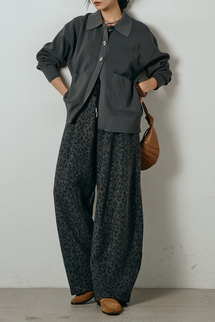 [SET]メタル釦衿付きニットカーディガン+リラックスレオパード柄ワイドパンツ(2set)