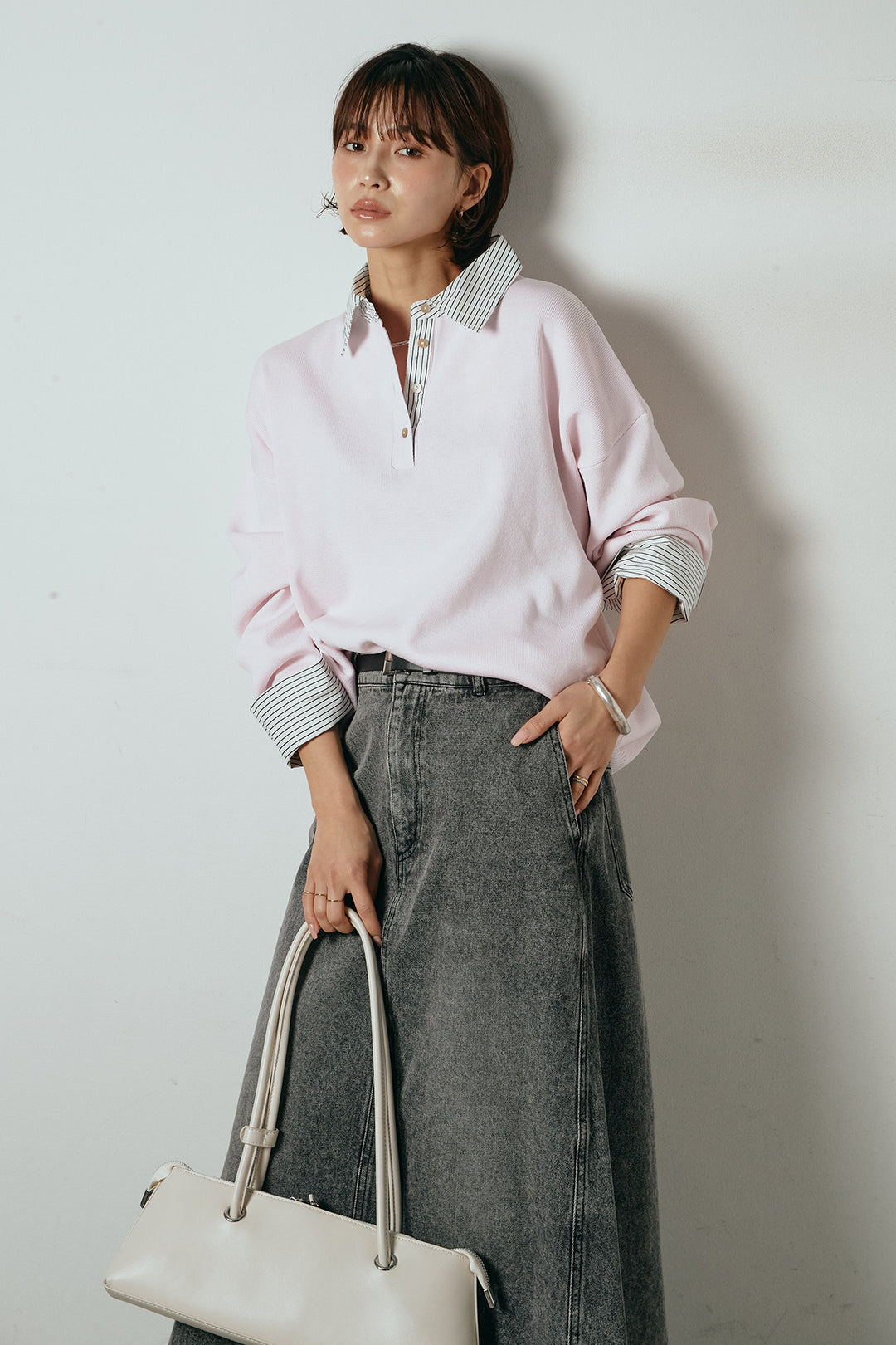 [SET]ストライプシャツドッキングポロトップス+デニムロングフレアスカート(2set)