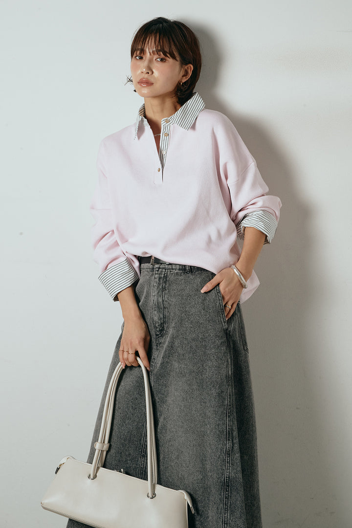 [SET]ストライプシャツドッキングポロトップス+デニムロングフレアスカート(2set)