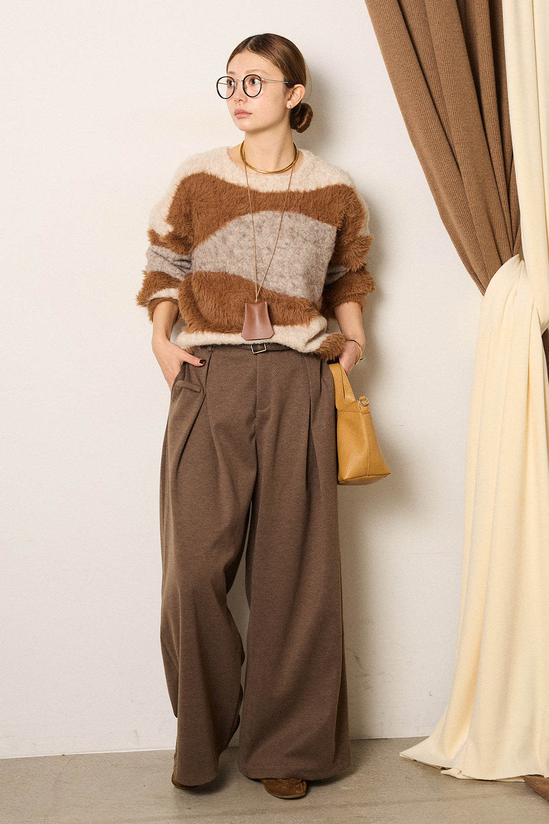 [SET]シャギーウェーブ柄クルーネックニットトップス+細ベルト付き起毛タックワイドパンツ(2set)