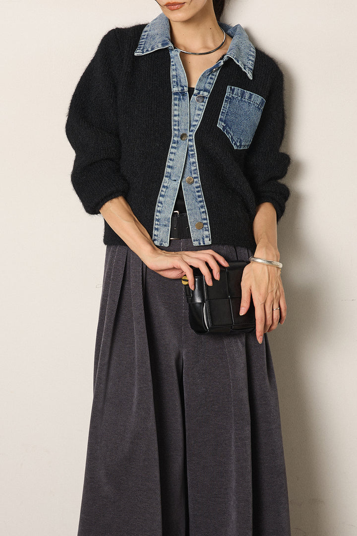 [SET]襟付きデニム切替ニットカーディガン+ベルトループコーデュロイワイドパンツ(2set)