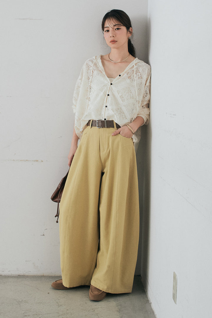 [SET]ブロックレースフード付きブラウス+ベルト付きサイドタックワイドパンツ(2set)