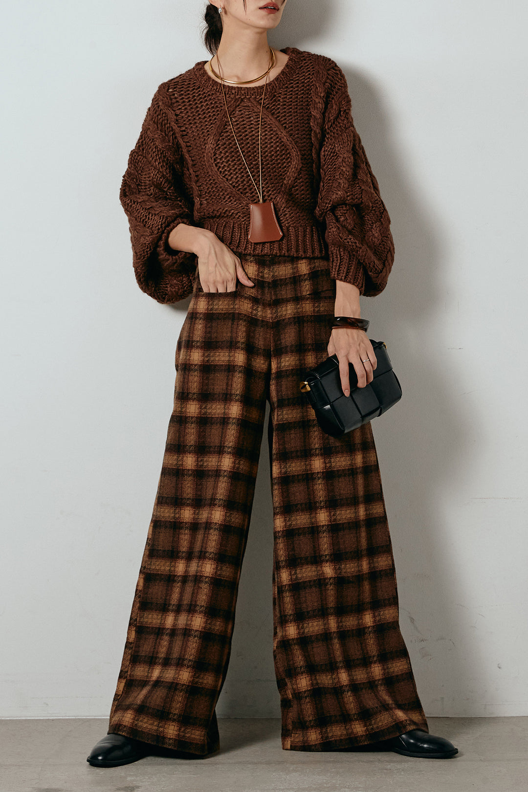 [SET]ロービングケーブルショート丈プルオーバー+ルーズタータンチェックワイドパンツ(2set)