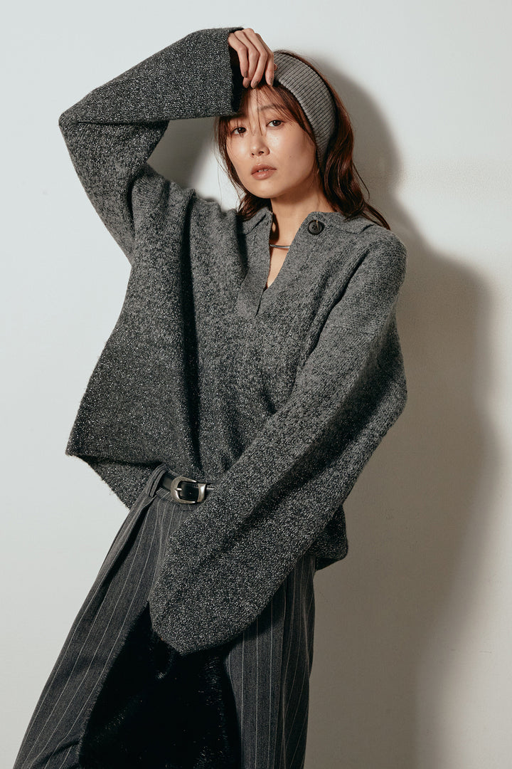 [SET]グラデーションラメニットキーネックプルオーバー+ストライプヘリンボーンパンツ(2set)