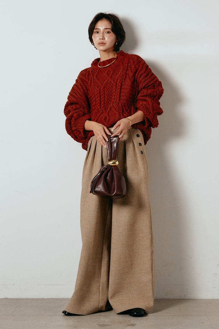 [SET]アラン柄ミックスケーブルニット+サイドボタンツイードタックパンツ(2set)