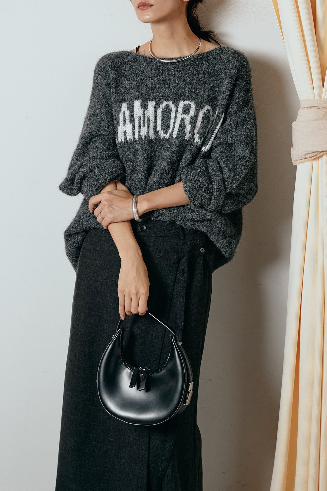 [SET]フロントロゴデザインニットトップス+ラップ巻きワイドスラックス(2set)