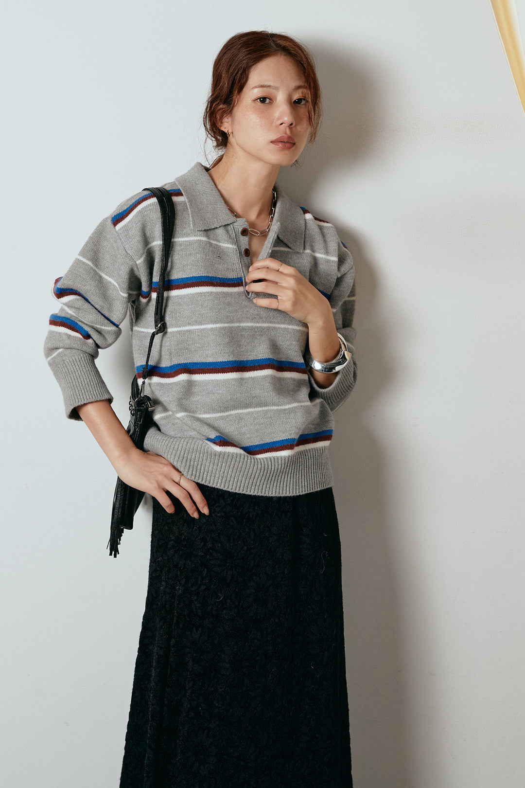 [SET]襟付きマルチボーダーニットポロトップス+花柄刺繍ベロアフレアスカート(2set)