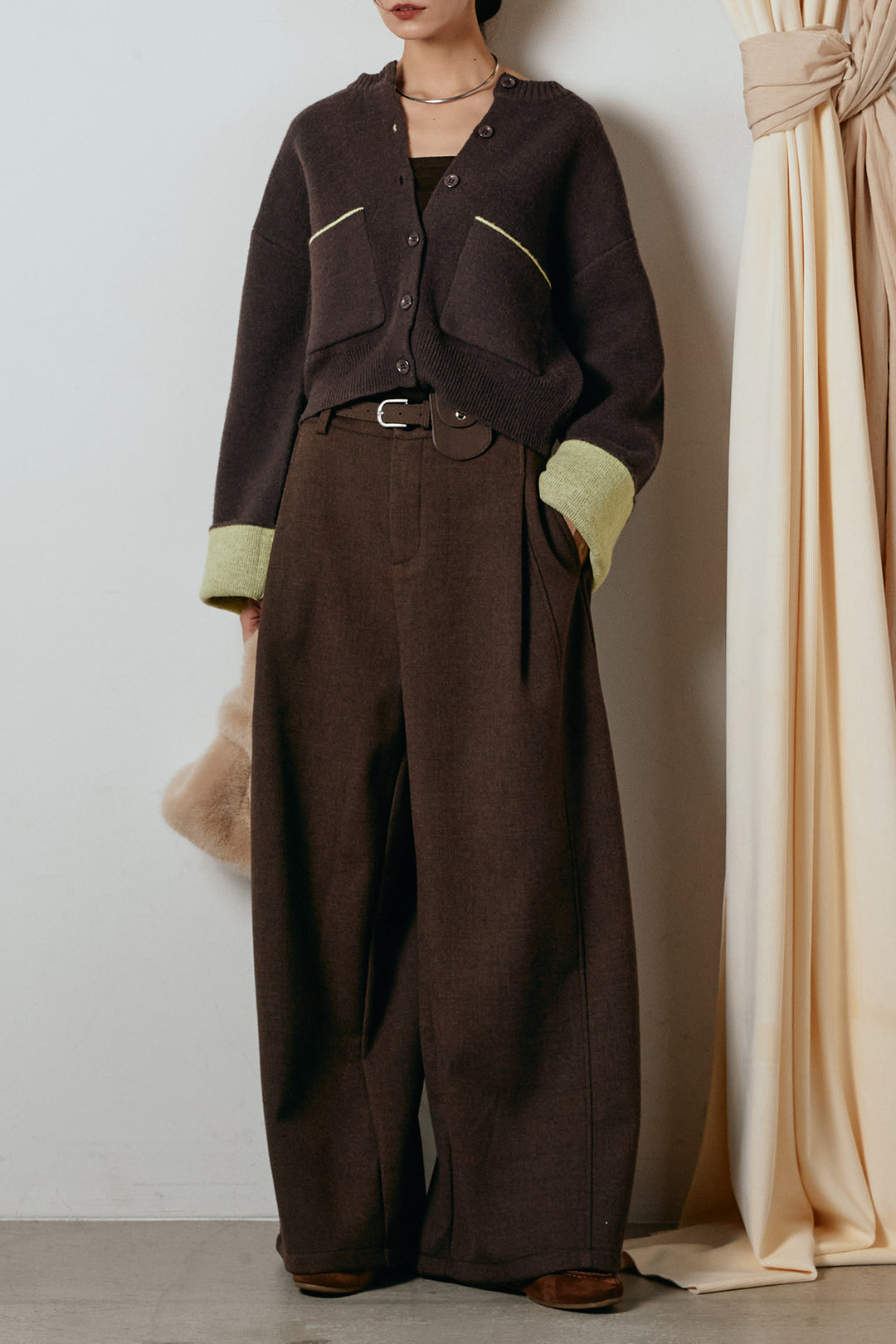 [SET]アルパカタッチダブルフェイスカーディガン+ポーチベルト付きカーブパンツ(2set)