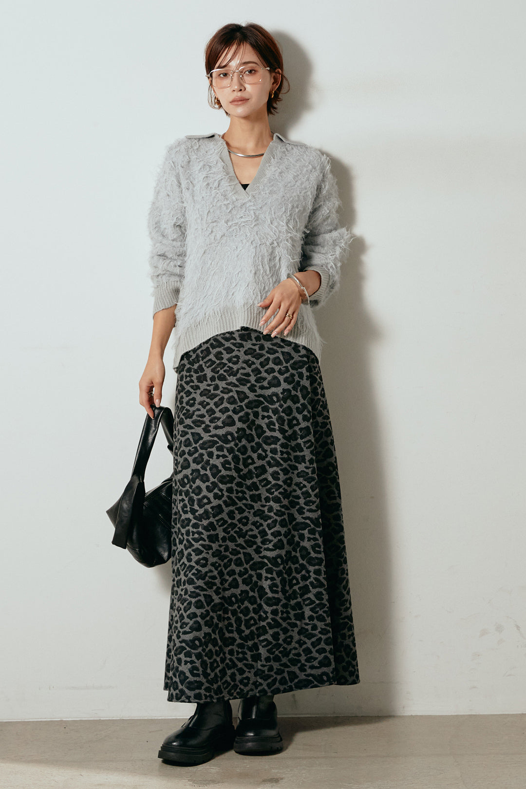 [SET]襟付きシャギーニットポロトップス+レオパードロングスカート(2set)