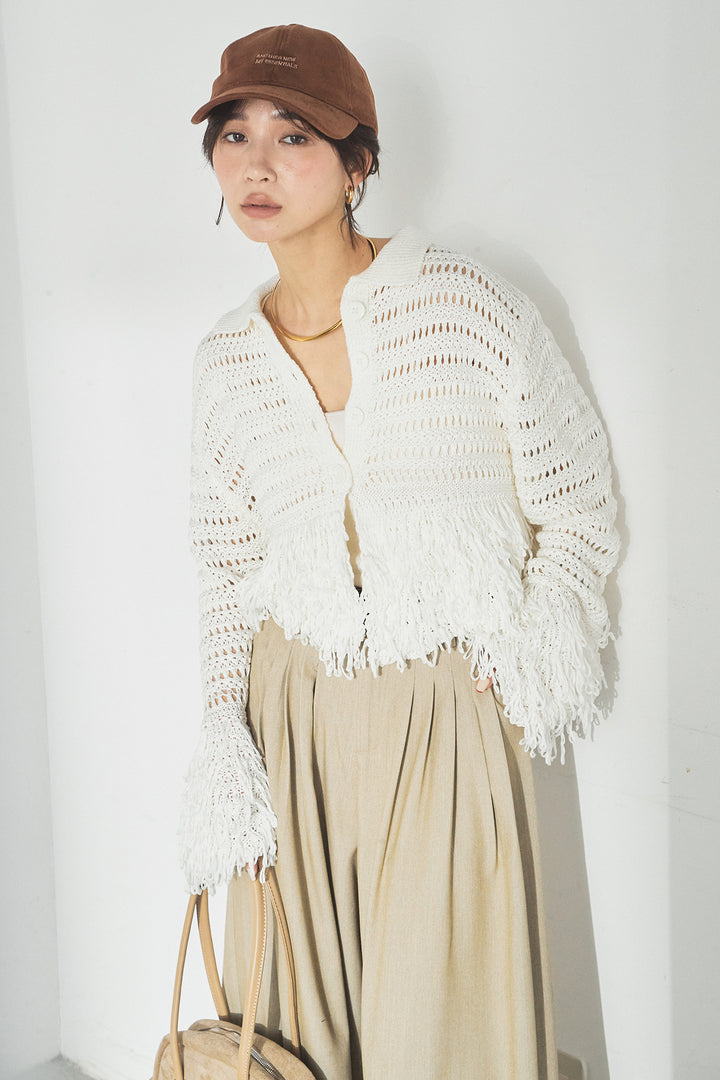 [SET]メッシュフリンジカーディガン+編みベルト付きウエストタックワイドパンツ(2set)