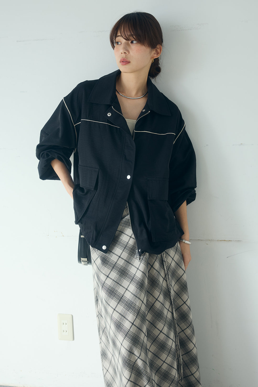 [SET]合繊ツイルバルーンジャケット+タータンチェック柄フロントデザインスカート(2set)