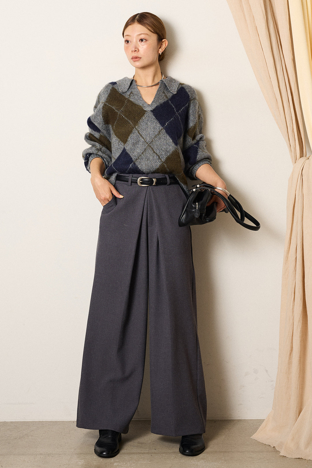 [SET]アクリルモヘアアーガイルキーネックプルオーバー+フロントワイドタックネップ入ワイドパンツ(2set)