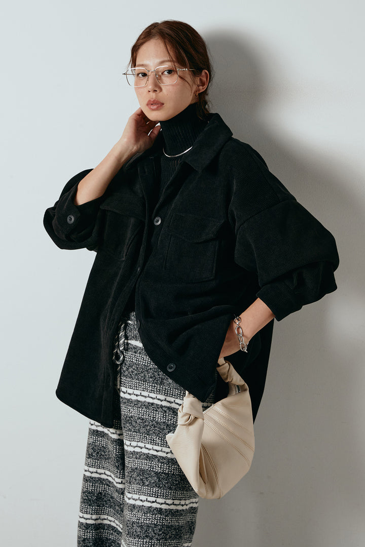 [SET]襟付きコーデュロイポケットシャツ+マルチライン柄リラックスニットパンツ(2set)