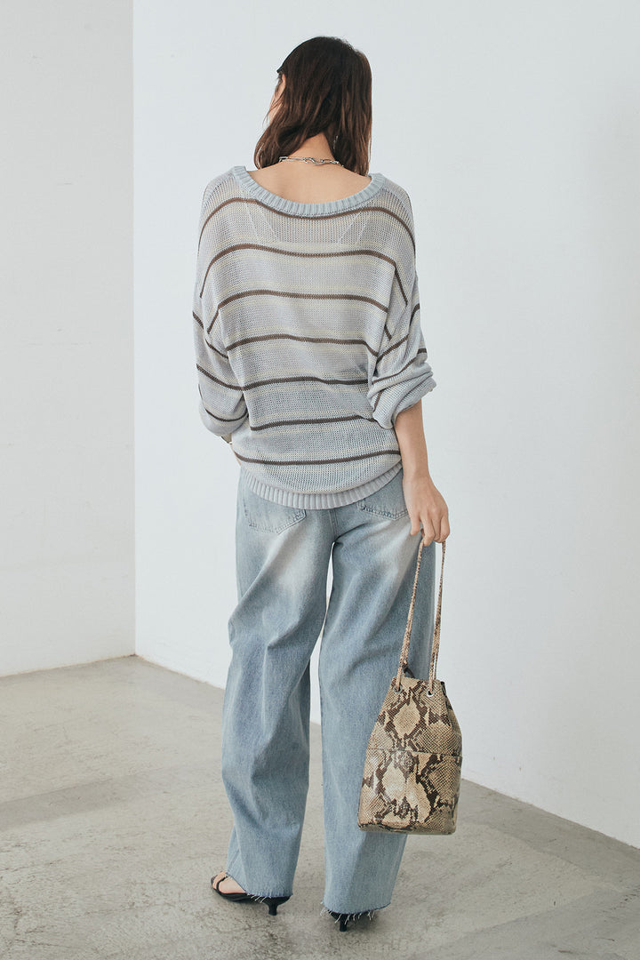 [SET]綿タッチVネックボーダートップス+デニムヨークパンツ(2set)