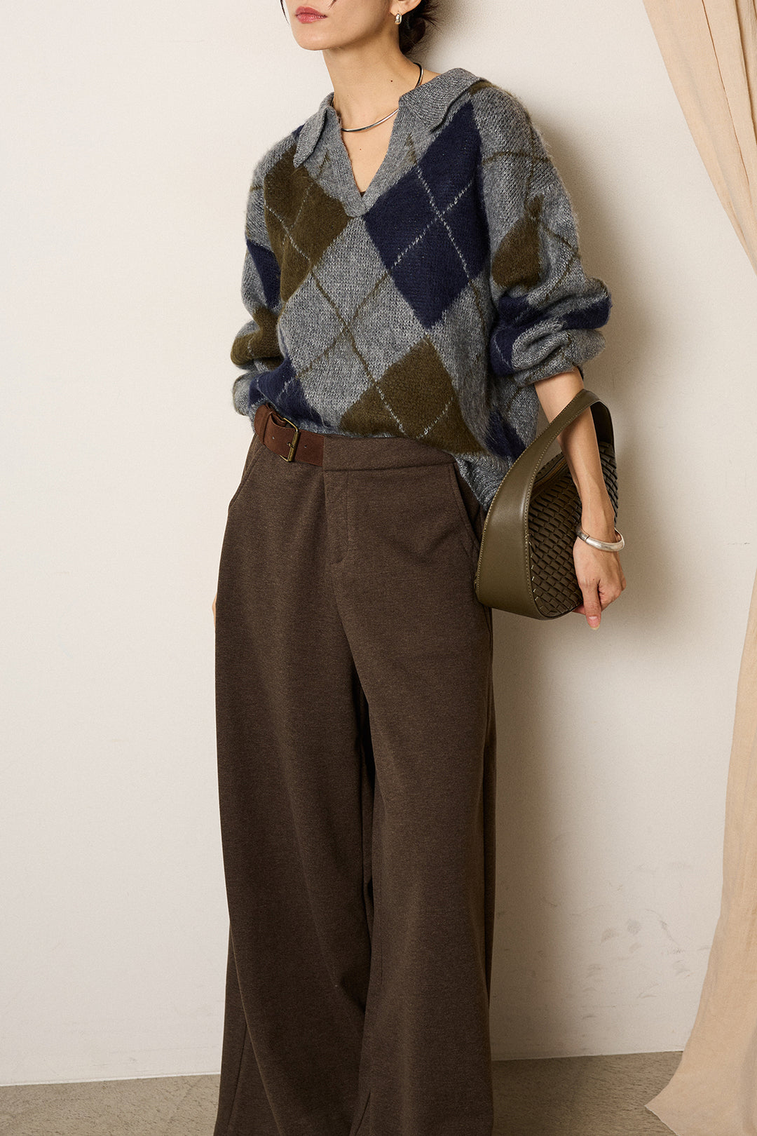 [SET]アクリルモヘアアーガイルキーネックプルオーバー+サイドベルトパンツ(2set)