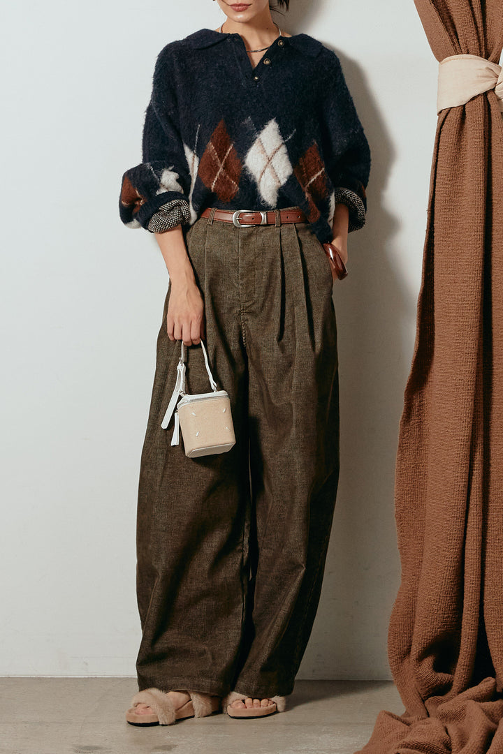 [SET]アーガイル柄ポロニットトップス+フロントタック入りコーデュロイパンツ(2set)