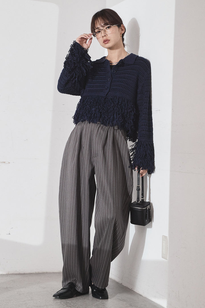 [SET]メッシュフリンジカーディガン+ヘリンボーンストライプツータックパンツ(2set)