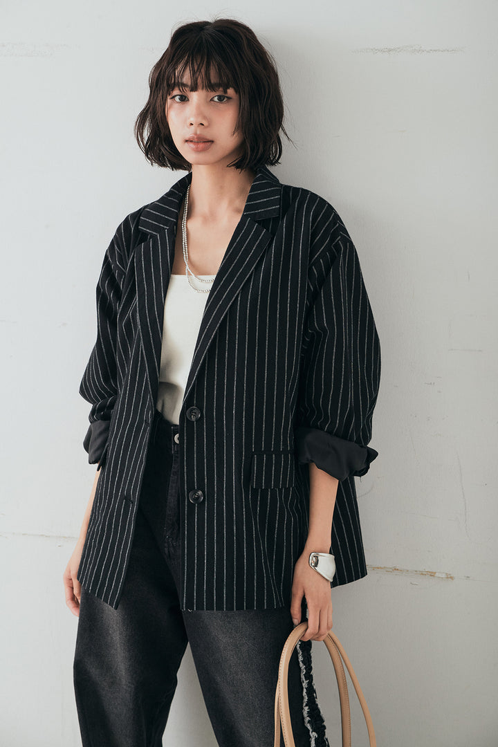 [SET]リネンライクストライプテーラードジャケット+デニムサイドフリルパンツ(2set)