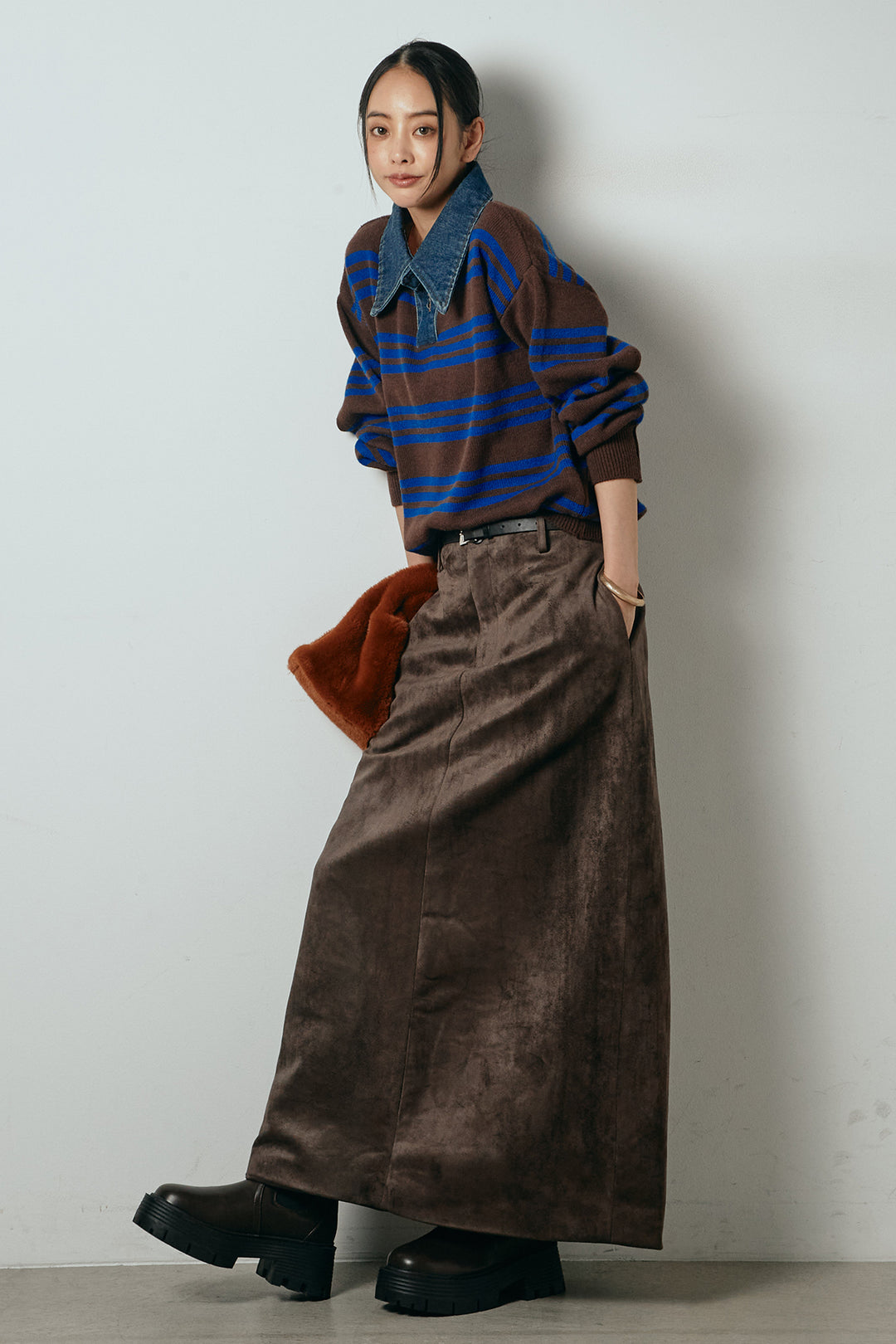 [SET]デニムレイヤード風ランダムボーダーニットプルオーバー+エコスウェードワイドスカート(2set)