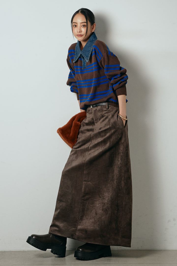 [SET]デニムレイヤード風ランダムボーダーニットプルオーバー+エコスウェードワイドスカート(2set)