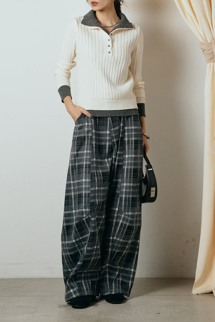 [SET]レイヤード風リブニットトップス+ベルト付きタータンチェックカーブワイドパンツ(2set)