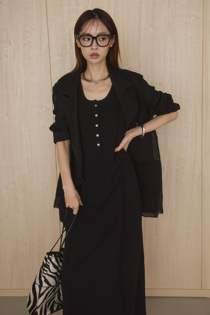[SET]メッシュテーラードワイドジャケット+ノースリロングワンピース(2set)