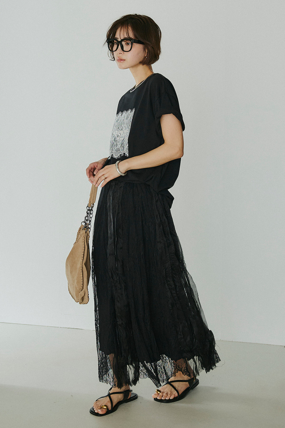 [SET]レースロゴ刺繍Tシャツ+レースコンビワッシャーギャザースカート(2set)