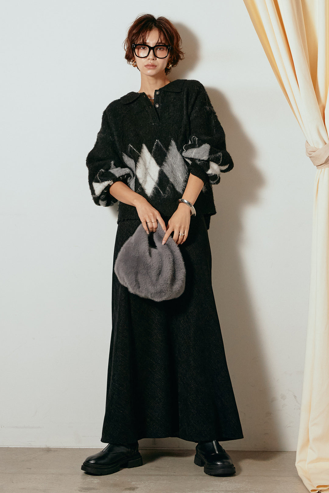 [SET]アーガイル柄ポロニットトップス+スウェードライクロングスカート(2set)