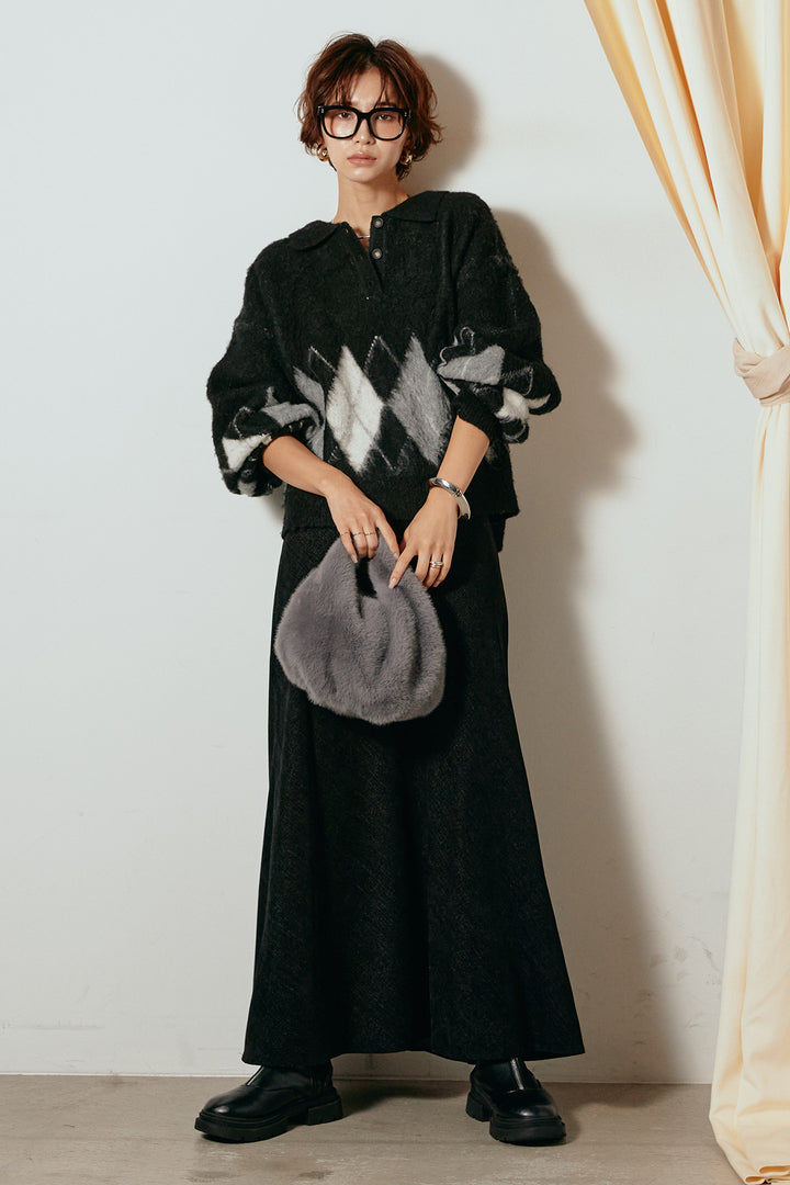 [SET]アーガイル柄ポロニットトップス+スウェードライクロングスカート(2set)