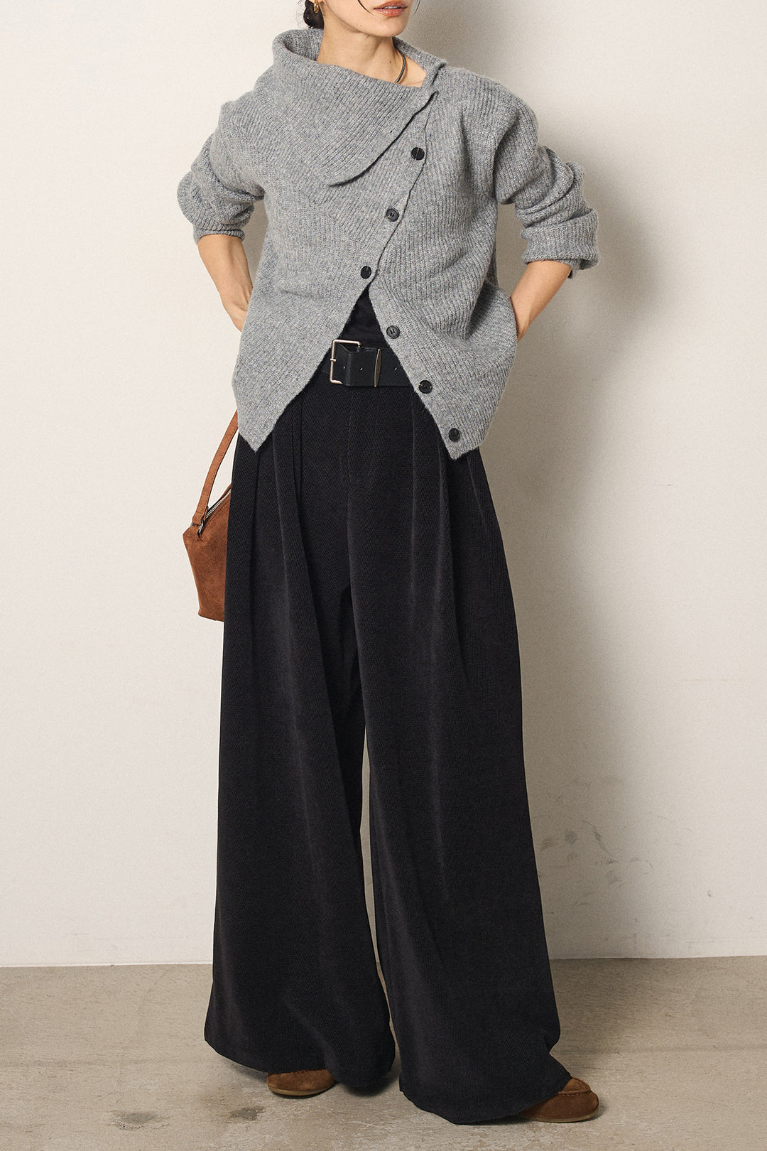 [SET]ボタンデザインネックニットプルオーバー+ベルトループコーデュロイワイドパンツ(2set)
