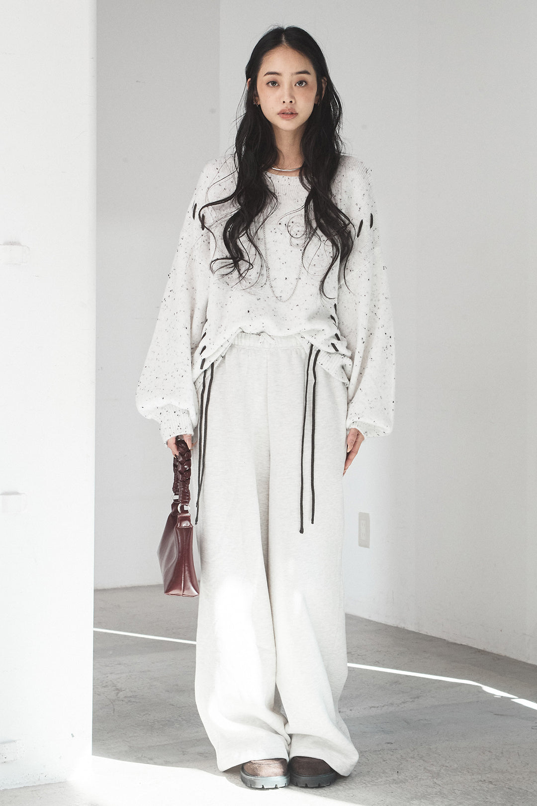 [SET]ネップ編み上げニットトップス+裏起毛スウェットワイドパンツ(2set)