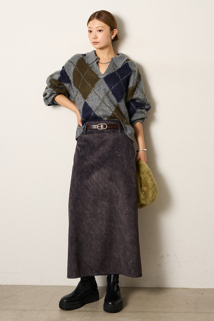 [SET]アクリルモヘアアーガイルキーネックプルオーバー+ロープベルト付きスウェード調スカート(2set)
