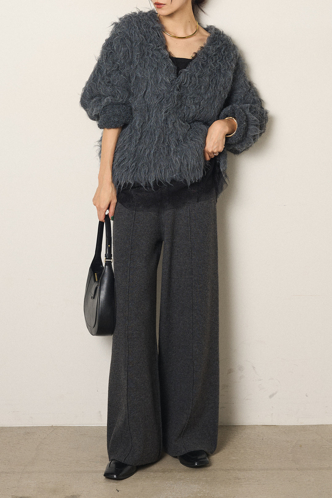 [SET]起毛シャギーニットカーディガン+センターラインニットパンツ+レース切り替えキャミソール(3set)